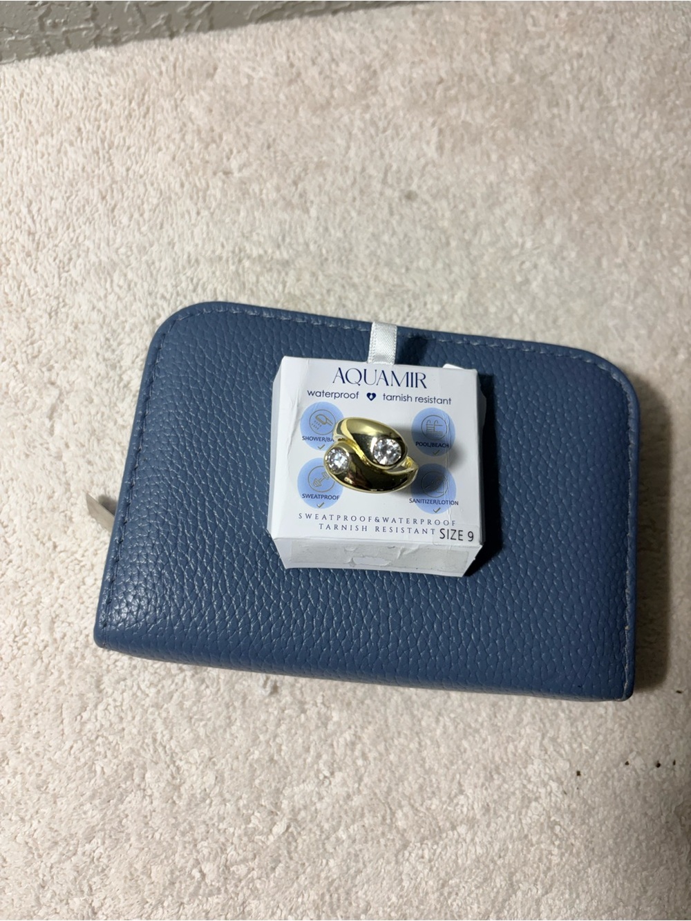Aqua Blue Leather Card Holder with Gold Accent Ring Display
